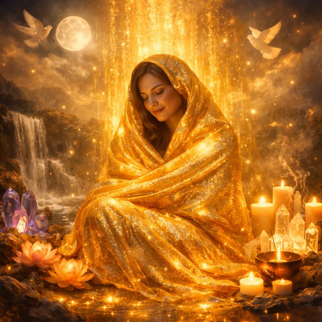 Divine Comfort Blanket Light Gold Energy Wrap for Emotional Healing and Support