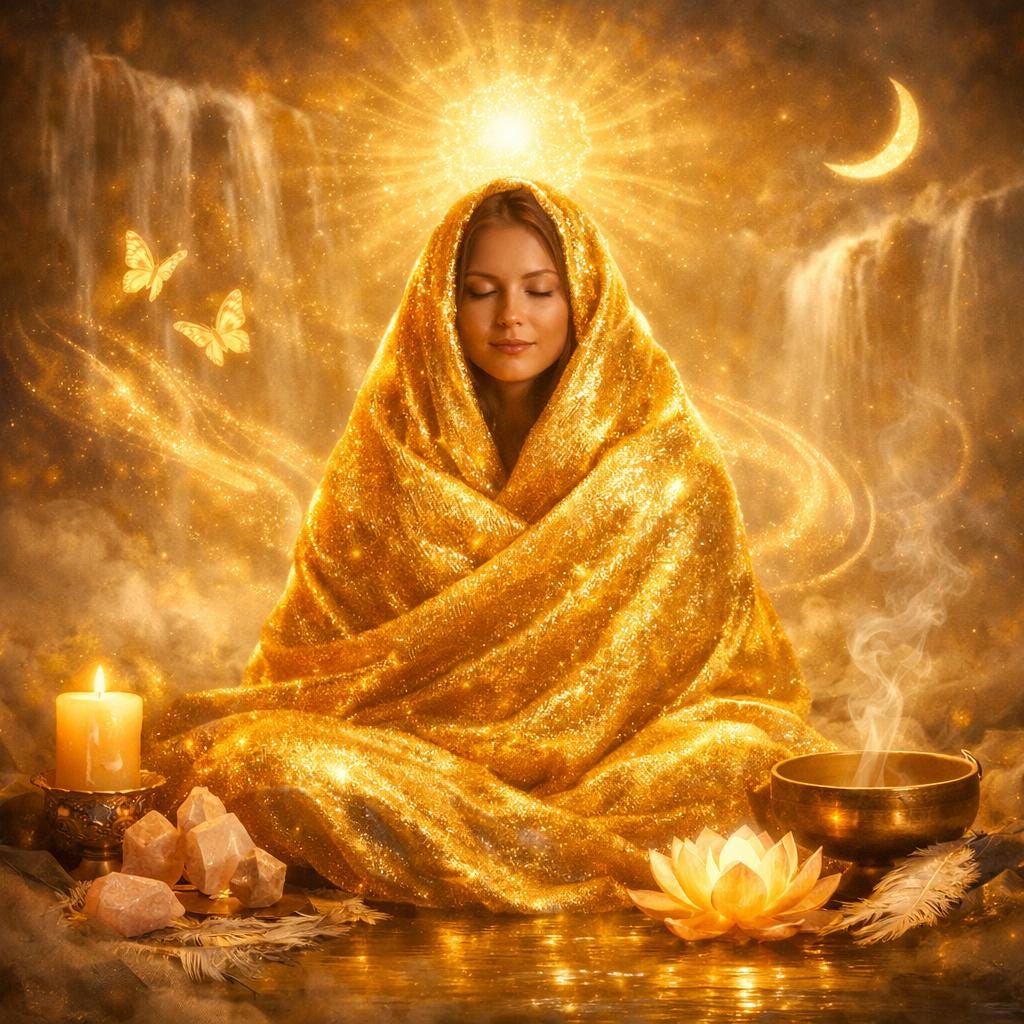 Divine Comfort Blanket Light Gold Energy Wrap for Emotional Healing and Support